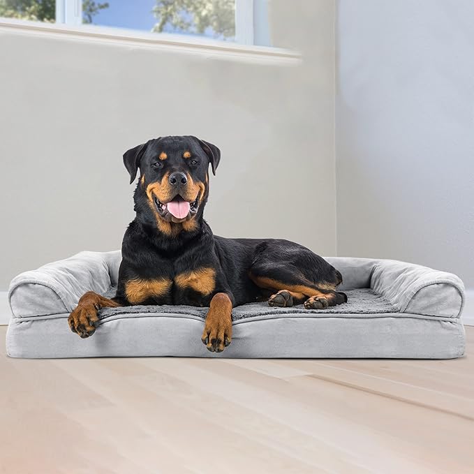 Furhaven Orthopedic Dog Bed for Large Dogs w/ Removable Bolsters & Washable Cover, For Dogs Up to 95 lbs - Plush & Suede Sofa - Gray, Jumbo/XL-Mewly Pet