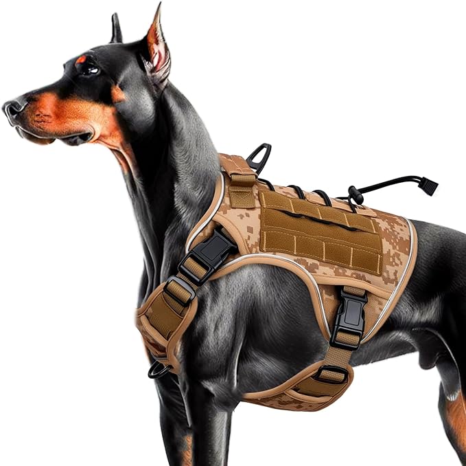 Heavy-Duty Tactical Dog Harness for Large Dogs, No Pull Adjustable Reflective Pet Vest with Molle System, K9 Military-Grade Control for Service Training, Outdoor & 10+ Breeds, Khaki Camo, Large-Mewly Pet