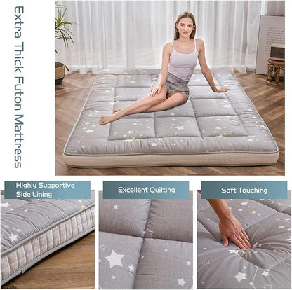 MAXYOYO Grey Constellation Futon Mattress, Japanese Floor Mattress Quilted Bed Mattress Topper, Extra Thick Folding Sleeping Pad Breathable Floor Lounger Guest Bed for Camping, Full