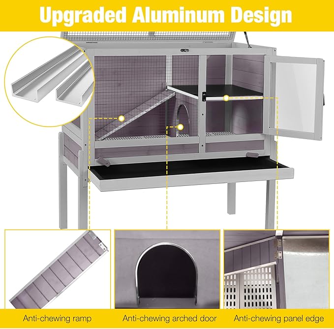 Aivituvin Wooden Guinea Pig Cages Indoor with Removable Stand, Anti Chewing Rabbit Hutch with Ramp and Wire Mesh, 2 Story Small Animals House Habitat with Pull Out Tray (Gray&Purple)-Mewly Pet