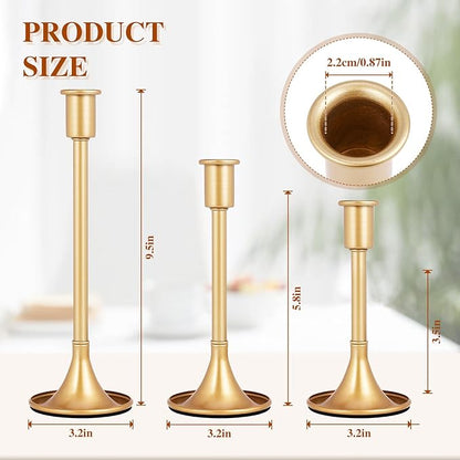 12 Pcs Gold Taper Candle Holders Lengthen with Anti-Slip Pad Vintage Low Metal Candles Metal Gold Candlestick Holder Set for Table Centerpiece,Weddings, Dinners Christmas Decor, 3 Sizes