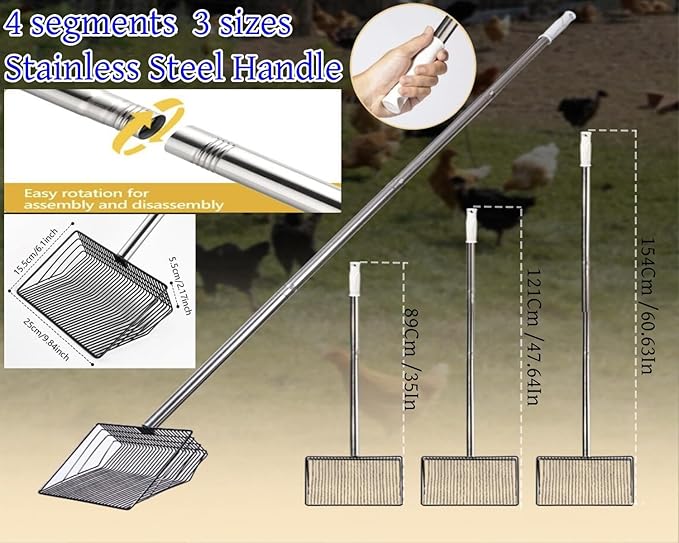 Large Metal Chicken Poop Scooper, Detachable 20 to 63 inches Long Metal Handle, Stainless Steel Chicken Coop Cleaning Tool, Heavy-Duty Pooper Sifting Shovel for Chicken Coop Accessories-Mewly Pet