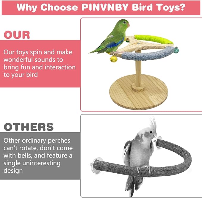PINVNBY Bird Stand Perch Toy Wooden Spinning Parrot Perch with Cotton Rope and Bell Interactive Cockatiel Toy Bird Cage Accessories for Parakeets Conures Budgies Finches Lovebirds-Mewly Pet