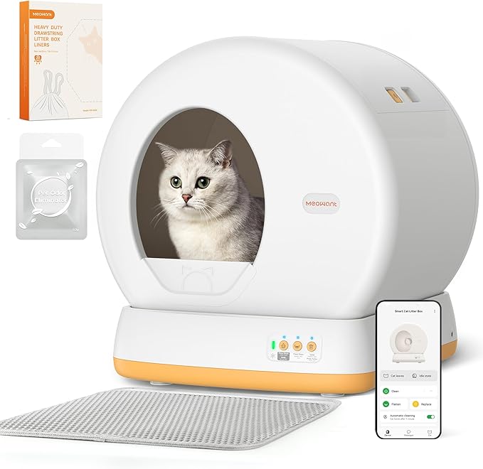 MeoWant Self-Cleaning Cat Litter Box, Advanced Safety System Automatic Cat Litter Box Perfect for Multi Cats, Extra Large/Odor Control/APP Control Smart Cat Litter Box with Mat & Liner, Yellow-Mewly Pet