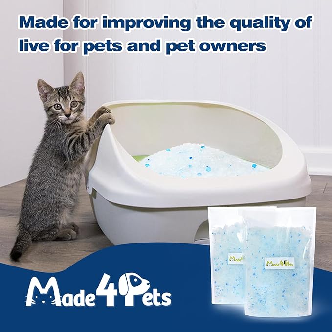 Made4Pets Cat Litter Crystals Kitty Litter Odor Control Crystal Litter Non Clumping No scooping Low Dust, Low Tracking, Lightweight, Dehydrates Waste,– 13.2 lbs (4 x 3.3 lb Packs)-Mewly Pet