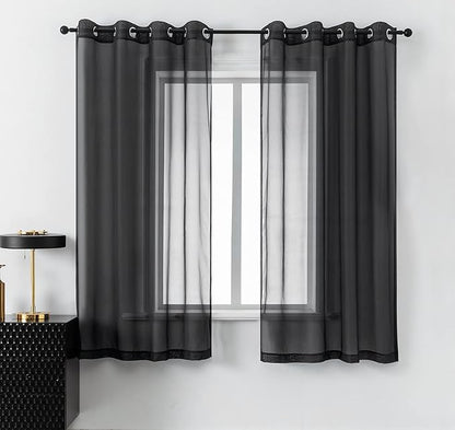 DUALIFE Black Sheer Curtains 45 Inch Length for Basement Windows Set of 2 Panels Grommet Semi Translucent Short Curtains for Small Windows Kitchen Bedroom Bathroom 52x45 Inches Long