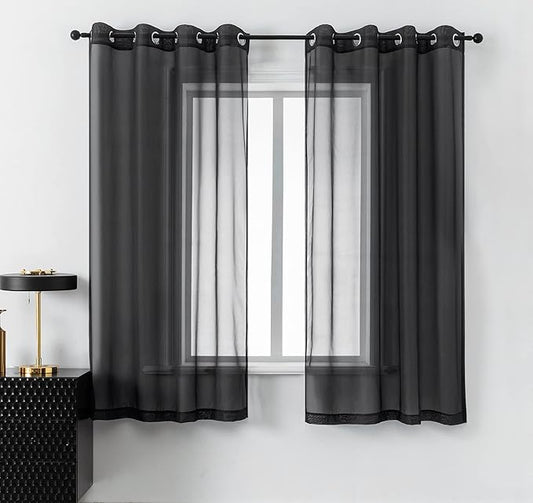 DUALIFE Black Sheer Curtains 45 Inch Length for Basement Windows Set of 2 Panels Grommet Semi Translucent Short Curtains for Small Windows Kitchen Bedroom Bathroom 52x45 Inches Long