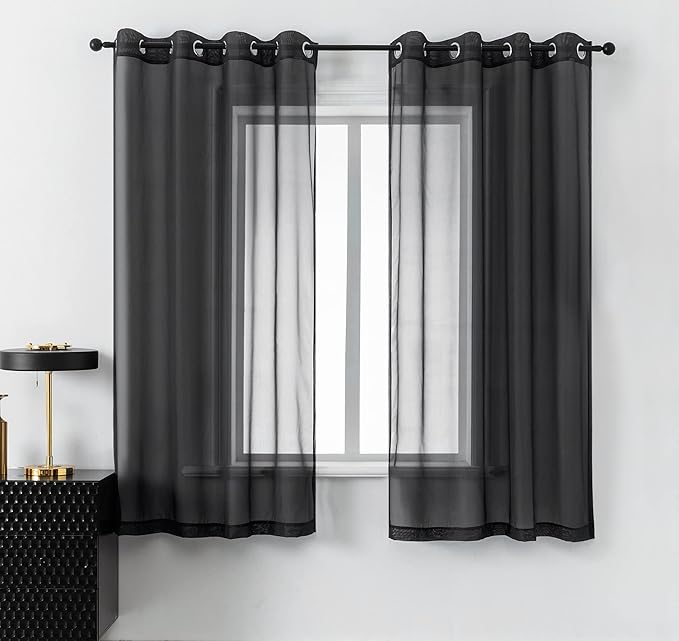 DUALIFE Gorgeous Black Sheer Curtains 63 Inch Length for Bedroom Set of 2 Panels Grommet Semi Voile Window Drapes Elegant Office Curtains for Men Living Room 52x63 Inches Long