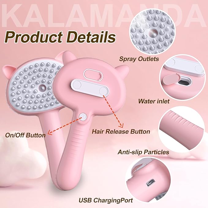 Cat Steam Brush for Shedding, 4 in 1 Steamy Cat Comb with Handle, Rubber Pet Misting Brush with Release Button for Indoor Kittens Small Animals(Pink)-Mewly Pet