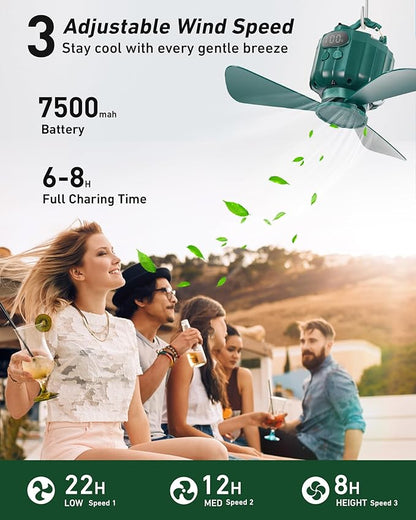 DUKUSEEK Tent Ceiling Fans for Camping Hanging, Portable Tent Fans with Light and Remote Control, Power Bank, USB Battery Operated Camping Fan with Hanging Hook for Outdoor, Car, RV