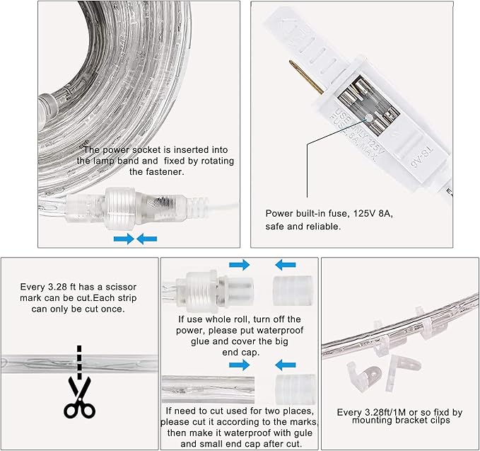 SURNIE Rope Lights Outdoor Waterproof Daylight White: LED 50FT Cuttable Outside Bright 110V Lighting Connectable Flexible Plug Cool Clear Tube, Indoor Deck Patio Xmas Camping Decor, Not Flat Strip