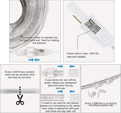 SURNIE Rope Lights Outdoor Waterproof Daylight White: LED 50FT Cuttable Outside Bright 110V Lighting Connectable Flexible Plug Cool Clear Tube, Indoor Deck Patio Xmas Camping Decor, Not Flat Strip