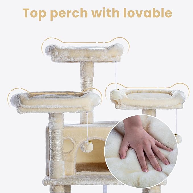 SHA CERLIN 68 Inches Multi-Level Large Cat Tree for Large Kitties/Big Cat Tower with Condo/Cozy Plush ‌Pussycat Perches/Sisal Scratching Posts and Hammocks/Activity Center/Beige-Mewly Pet