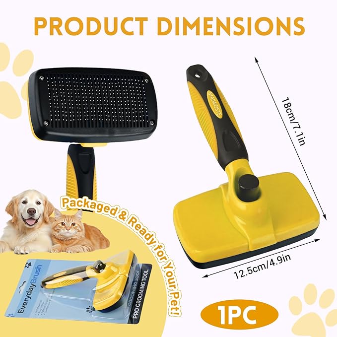 Large Self Cleaning Deshedding Brush for Dogs & Cats - One Button Hair Release Grooming Tool, Gentle Massage Brush for Long and Short Hair (Yellow)-Mewly Pet