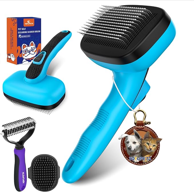 Dog Brush Kit - Self-Cleaning Slicker Brush with Bath Brush & Undercoat Rake | Deshedding Tools for Large - Small Dogs & Cats, Professional 3-in-1 Pet Grooming Set for Heavy Shedding, Blue-Mewly Pet
