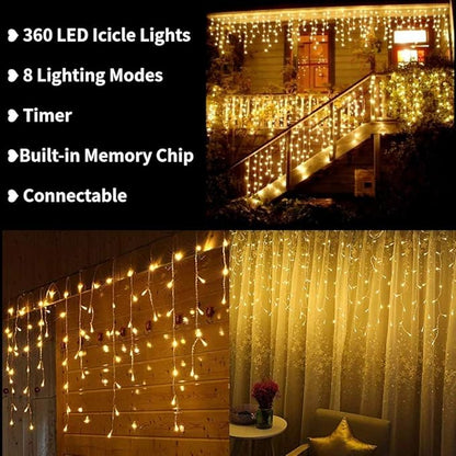 Toodour Christmas Icicle Lights Outdoor, 360 LED 29.5ft 8 Modes Fairy Icicle String Light with 60 Drops, Led Christmas Lights Twinkle for Holiday, Party, Wedding, Eaves, Xmas Decorations (Warm White)