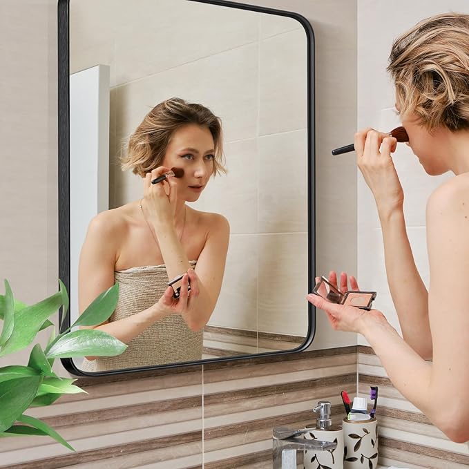 DUMOS Black Metal Bathroom Mirrors for Over Sink, 30x21 Inch Wall Mounted Vanity for Restroom, Farmhouse, Corner, Horizontally or Vertically Hanging