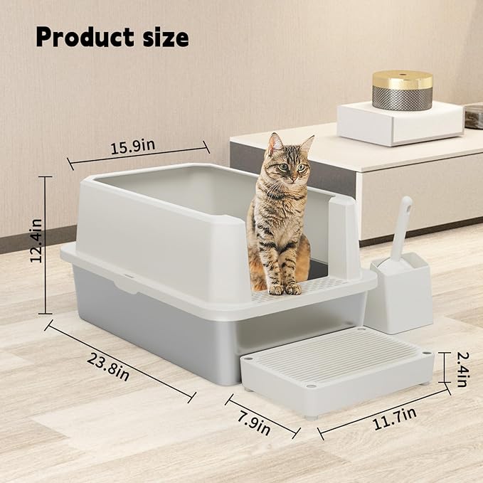 RIZZARI Stainless Steel Cat Litter Box, Semi-Closed Litter Box with High Edges, Large Odorless Litter Pan with for Small to Large Cats (Beige, 1 Pack)-Mewly Pet