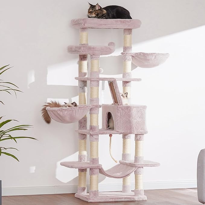 Heybly Cat Tree, 68 inch Multi-Level Cat Tower for Indoor Cats, 2 Widened Plush Perches Cat Condo with Scratching Board and Big Caves, Muchroom HCT025MU-Mewly Pet