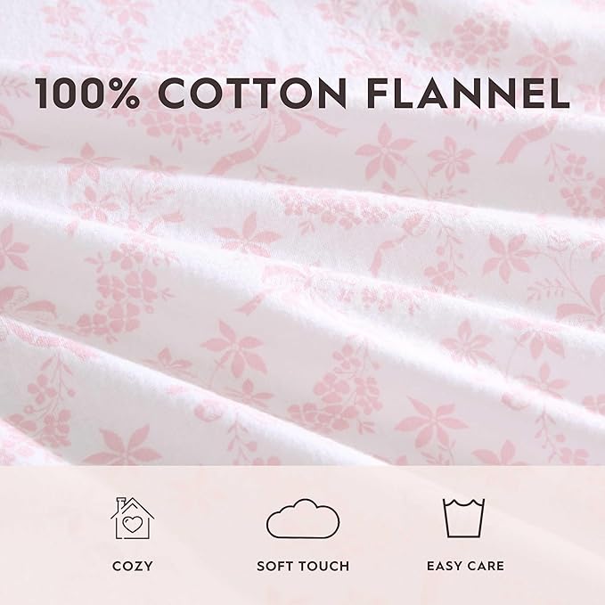 Laura Ashley - Flannel Sheets Full Size, Anti-Pilling & Wrinkle Resistant Cotton, Touchably Soft for All-Season Comfort - Bed Sheets with Matching Pillowcases & Fitted Sheet (Antoinette Pink)