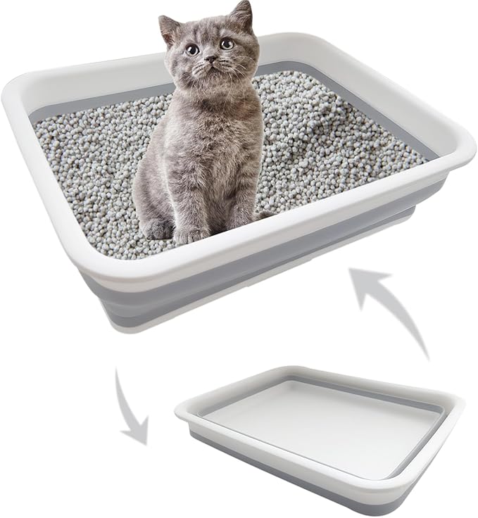 Collapsible Small Cat Litter Box, 14.6 x 10.6 x 4.8 inch Open Waterproof Low Entry Kitten Potty Pan Semi-Enclosed Pet Toilet for Sick Frail Kitty Grey-Mewly Pet