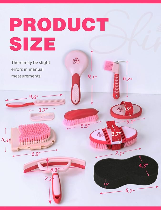 11PCS Horse Grooming Kit Curry Comb Sweat Scraper Horse Bathing Supplies Grooming Tools with Storage Bag Pink Garnet-Mewly Pet