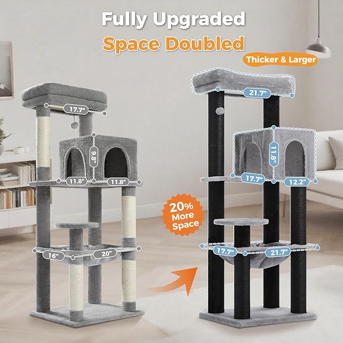 Large Cat Tree with Reinforced Scratching Posts (φ3.1in) for Big Adult Cats 30 lbs, 57.8" Heavy Duty Cat Tower with Larger Hammock and Condo, Cat Furniture for Maine Coon, Plush,Black-Mewly Pet