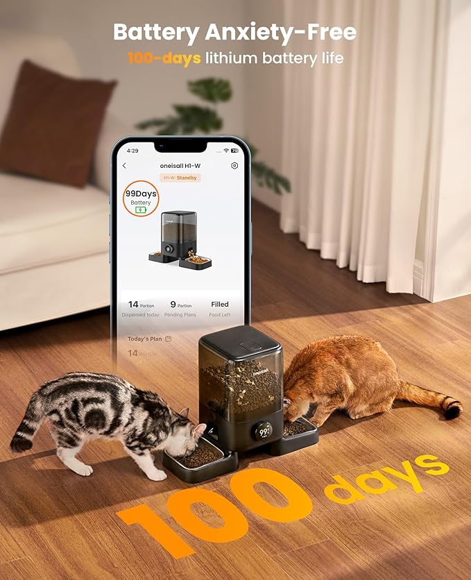 oneisall Wireless WiFi Automatic Cat Feeders 2 Cat, Rechargeable 100-Day Battery Operated Timed Cats Feeder, 20 Cups/5L Cats Food Dispenser Automatic for Large Kibble, Smart App Control.-Mewly Pet