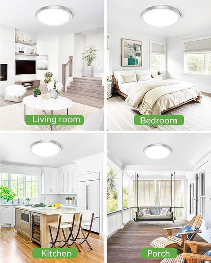 zemty LED Ceiling Light Brushed Nickel - 12In 28W 3200lm Silver Flush Mount Ceiling Light with 3 Color Temperature 3000K/4500K/6000K - Round Flat Light Fixture for Kitchen Bathroom Shower