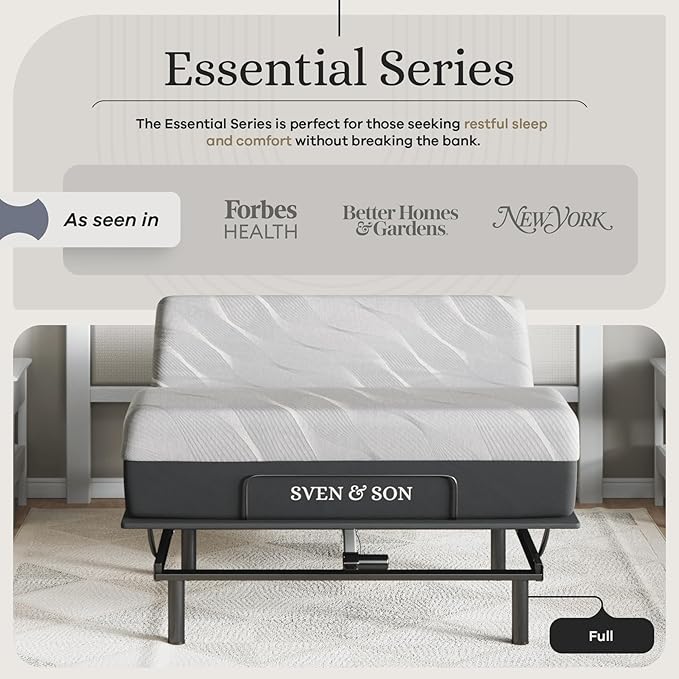 Sven and Son Essential Adjustable Bed Base (Frame) + 12 inch Memory Foam Matt (Medium), Easy Assembly, Head and Foot Lift, Memory Positions, Zero Gravity, Wireless Remote - Full