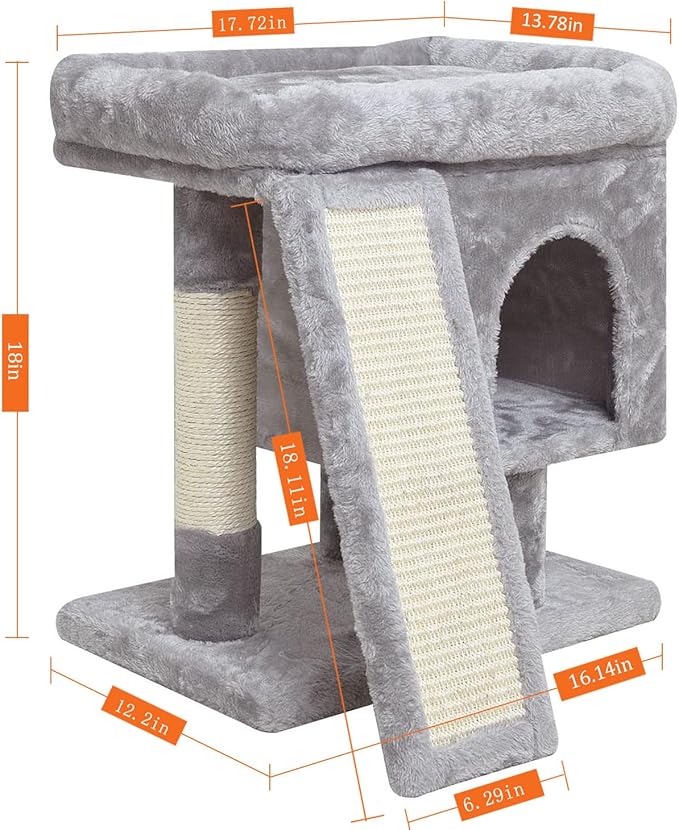 SYANDLVY Small Cat Tree for Indoor Cats, Cat Tower with Scratching Post, Modern Activity House for Large Cats, Condo with Board, Kittens Cave (Light Grey)-Mewly Pet