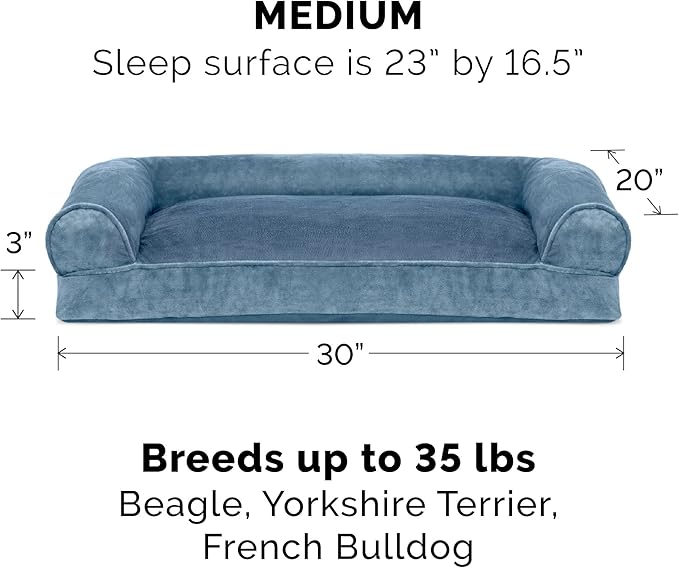 Furhaven Pillow Dog Bed for Medium/Small Dogs w/ Removable Bolsters & Washable Cover - Faux Fur & Velvet Sofa - Harbor Blue, Medium-Mewly Pet
