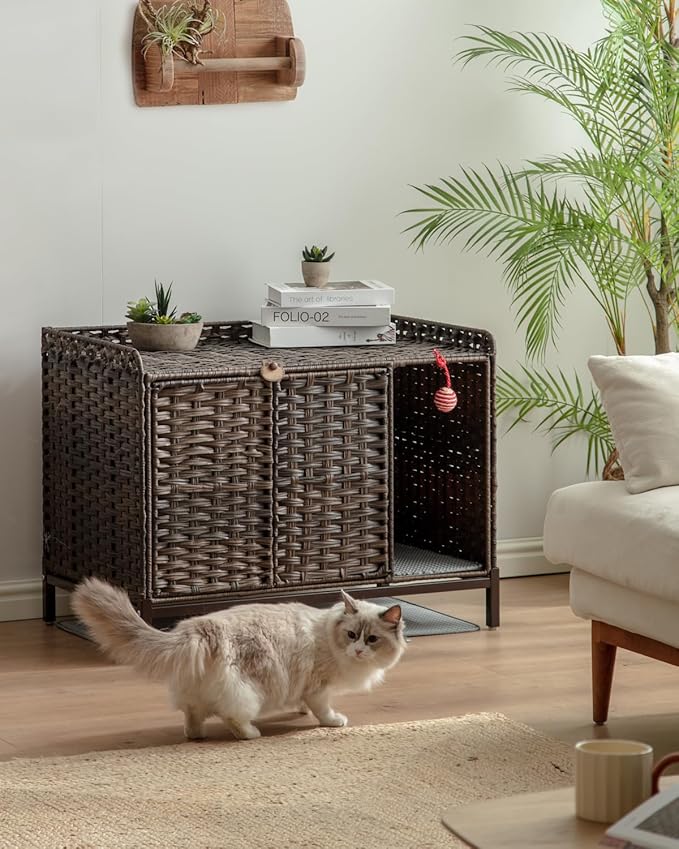 Cat Litter Box Enclosure Furniture with Divider, Handwoven Rattan Litter Box with Mat, 31.2 x 19.6 x 24.2 Inches, Metal Heightened Feet, Hidden Cat House for Living Room, Bedroom (Brown)-Mewly Pet