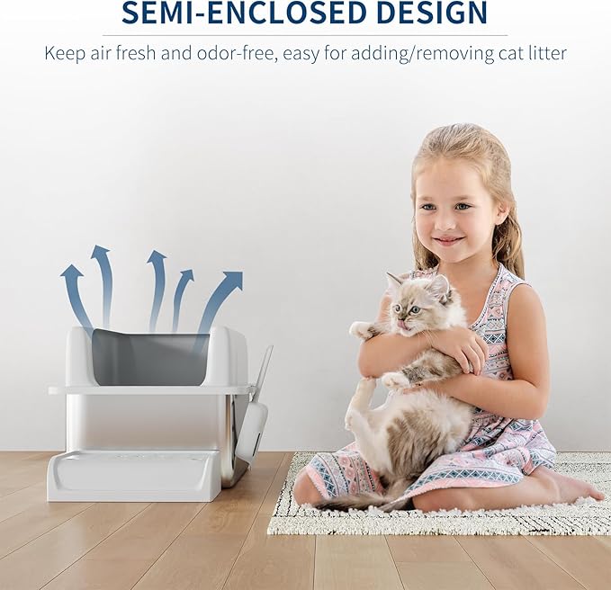 Stainless Steel Cat Litter Box 8 inch, XXL Large Cat Litter Tray with High Side, Platform Step and Scoop for Big Cats Multiple Cats, Easy Clean-Mewly Pet