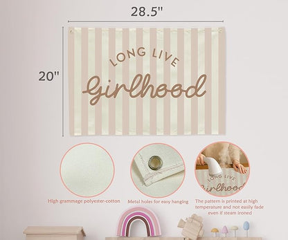 Girls Room Decor Long Live Girlhood Canvas Banner Hanging Flag Vintage Banner for Nursery Playroom Wall Decor for Kids Bedroom Dorm Toddler Decorations Trendy Room Decor Baithday Christmas Gift