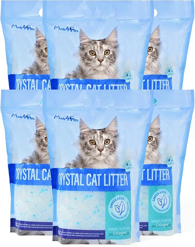 Made4Pets Cat Litter Crystals, Non Clumping Cat Litter Odor Control Kitty Litter Non Clumping No scooping Low Dust, Low Tracking, Lightweight, Dehydrates Waste,Cologne– 25.8 lbs (6 x 4.3 lb Packs)-Mewly Pet