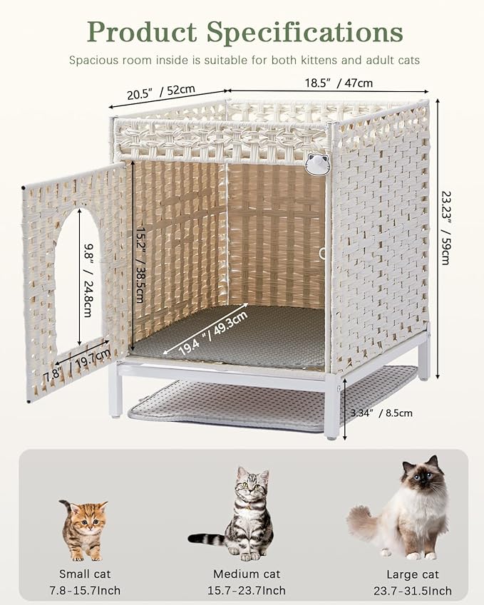 Cat Litter Box Enclosure Hidden Litter Box Furniture with Metal Heightened Feet, Rattan Handwoven Cat House with Litter Mat, Hidden Litter Box Furniture for Bedroom Living Room White-Mewly Pet