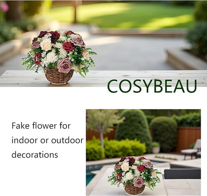 Artificial Fake Flowers 26pcs Roses, Mixed White & Burgundy Faux Flower for DIY Wedding Bouquet Bridal Shower Centerpieces Floral Arrangements Party Table Home Decorations