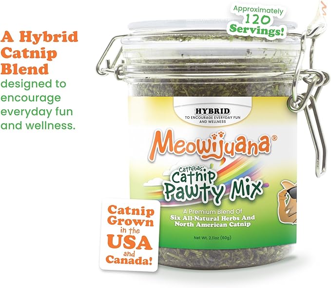 Meowijuana Catnibas Catnip Pawty Mix Jar | Premium Cat Nip for Cats with Silvervine, Passion Flower, Chamomile, Dandelion & Valerian Root | High Potency Catnip | 60g-Mewly Pet