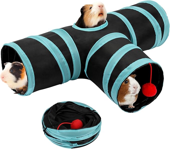 Rypet Guinea Pig Tunnel, 3 Way Collapsible Rabbit Tunnel, Small Pet Tunnels and Tubes with Interactive Ball for Rabbit Ferret Hamster Chinchilla Hedgehog Hiding and Resting-Mewly Pet