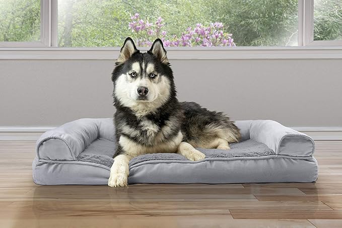 Furhaven Cooling Gel Dog Bed for Large Dogs w/ Removable Bolsters & Washable Cover, For Dogs Up to 95 lbs - Plush & Suede Sofa - Gray, Jumbo/XL-Mewly Pet