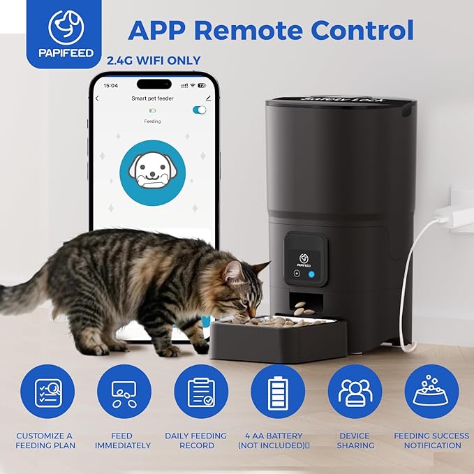 PAPIFEED 2.4G WiFi Automatic Cat Feeder, 6L/25Cup Automatic Pet Feeder with APP Control for Remote Feeding, Detachable for Easy Clean, Cat Food Dispenser with Alexa,1-10 Meals Per Day for Dog, Black-Mewly Pet