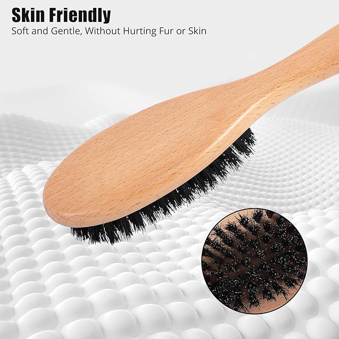 Boar Bristle Cat Brush with Wooden Handle, Soft and Gentle, Reduce Shedding, Make Coat Soft, Smooth and Shinny, Daily Grooming Tool for Short Haired Cats, Kitten-Mewly Pet