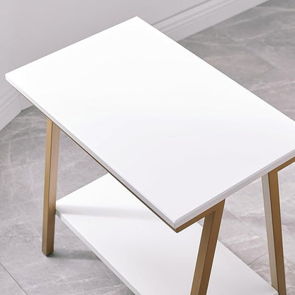 Leick Home 214312 Empiria Narrow Side Table with Shelf and Metal Frame, Wood End Table for Living Room Bedroom, White