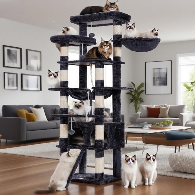 Heybly Tall Cat Tree, 78-inch Multi-Level Cat Tower for Indoor Cats, 2 Widened Plush Perches Cat Condo with Scratching Board and Big Caves, Smoky Gray HCT033G-Mewly Pet
