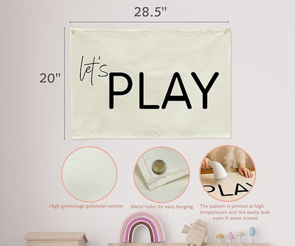Let's Play-Playroom Rectangular Canvas Banner Flag Poster Wall Sign Decor for Boy Girl Kids Teen,Nursery Playroom Homeschool Baby Room Bedroom Home Dorm Decor-Baby Shower Birthday Christmas Gift