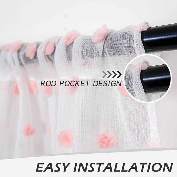MYSKY HOME 45 Inches Kitchen Curtains Small Window Curtains for Bathroom Cafe Bedroom Pink Pom Pom White Sheer Curtains for Nursery Room Rod Pocket 2 Pieces Drapes 52 x 45 inch Length