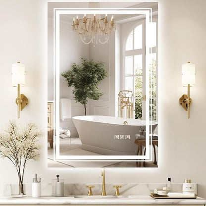 20x30 LED Mirror for Bathroom with Front and Backlit Light Up Digital Mirrors for Wall,Anti Fog,Stepless Dimmable,Tempered Silver Glass Smart Vanity Mirror for Bathroom