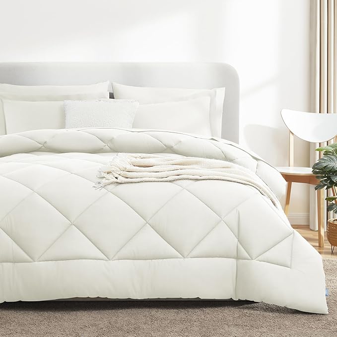 CozyLux King Size Comforter Set Ivory - 7 Pieces Bed in a Bag King, Luxury Soft Bed Set for All Seasons, Bedding Set with Down Alternative Comforter, Sheets, Pillowcases & Shams