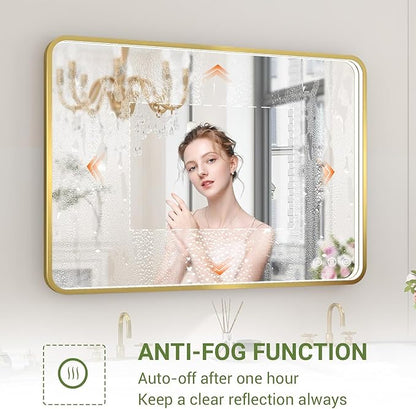 LED Bathroom Mirror with Lights, 40x28 Inch Gold Metal Framed LED Mirror for Bathroom, 3 Colors and Stepless Dimmable Wall Mounted Lighted Bathroom Vanity Mirror, Anti-Fog, Memory